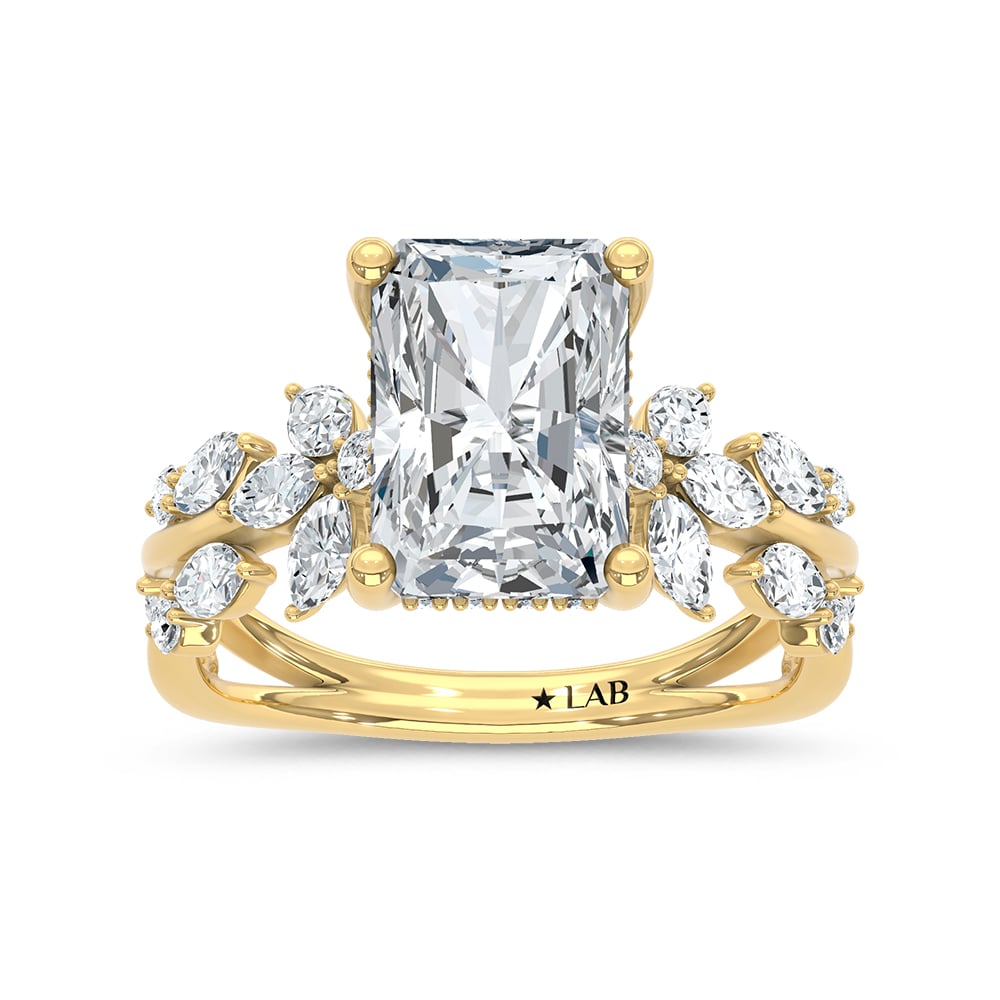 14K Yellow Gold Lab Grown Diamond 3 7/8 Ct.Tw. Radiant Shape Floral Engagement Ring (Center 3 CT)