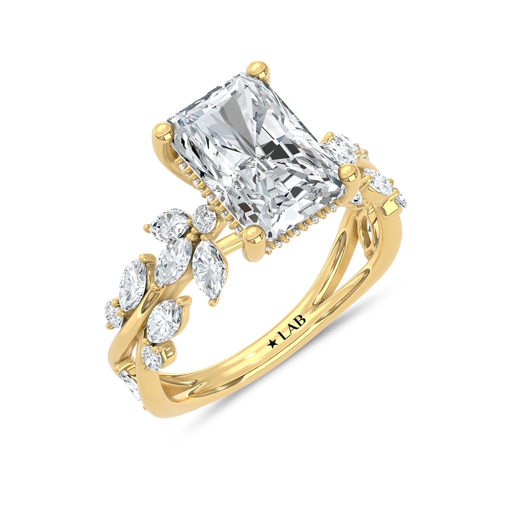 14K Yellow Gold Lab Grown Diamond 3 7/8 Ct.Tw. Radiant Shape Floral Engagement Ring (Center 3 CT)