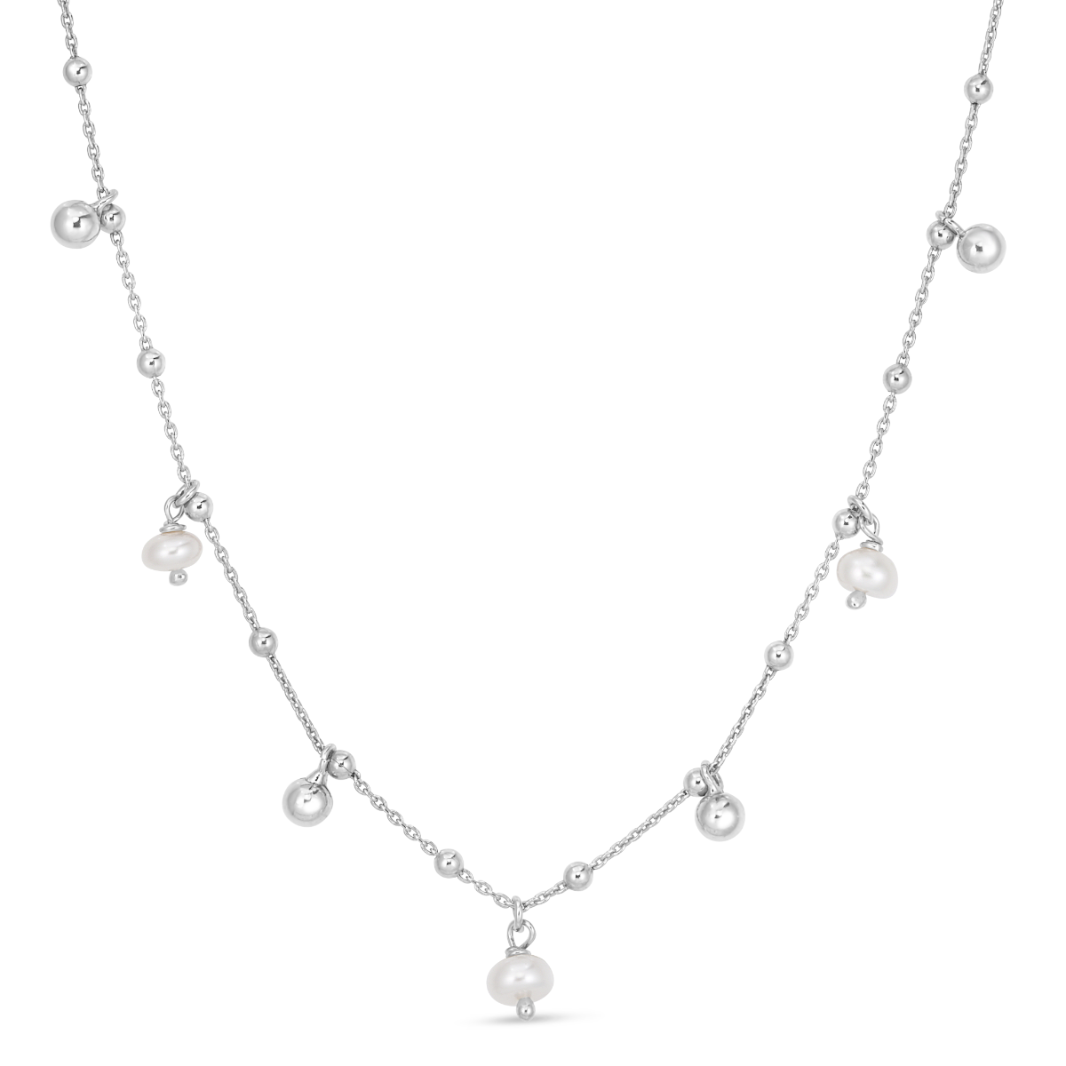 Silver Pearl Station Charm Necklace