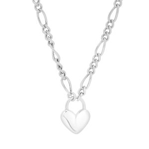 Silver Heart Padlock Figaro Necklace