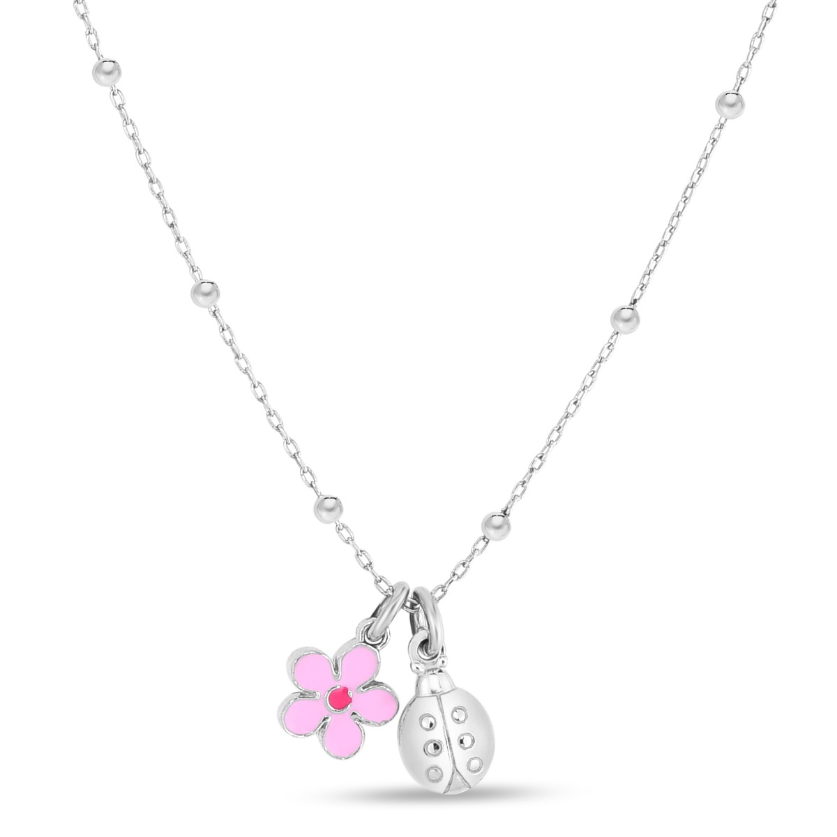 Silver Enamel Flower Ladybug Necklace