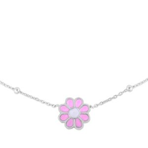 Silver Enamel Pink Flower Necklace