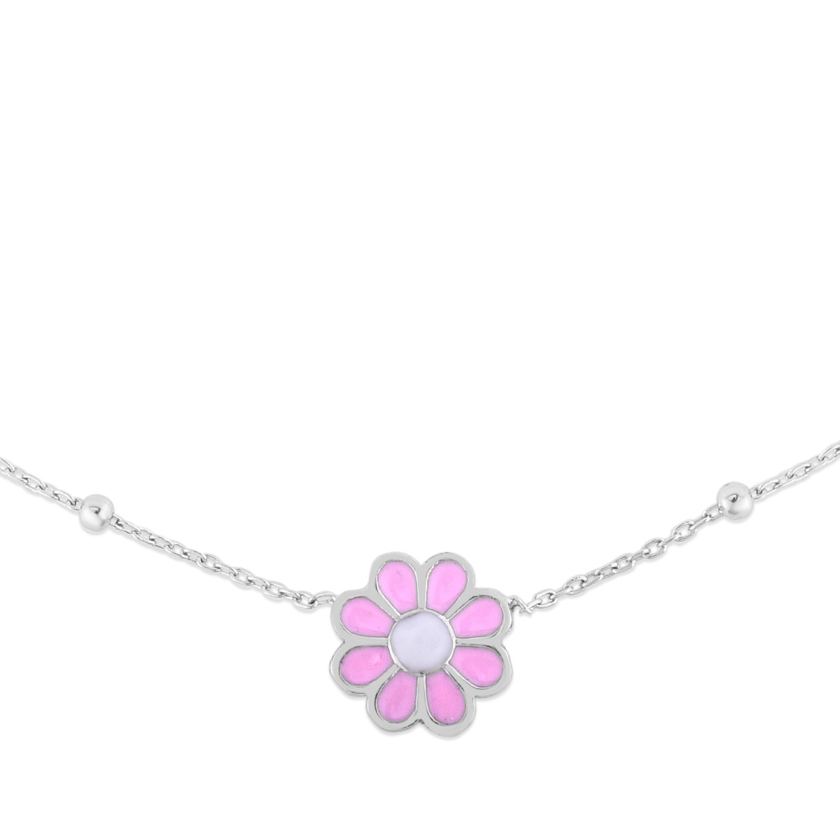 Silver Enamel Pink Flower Necklace