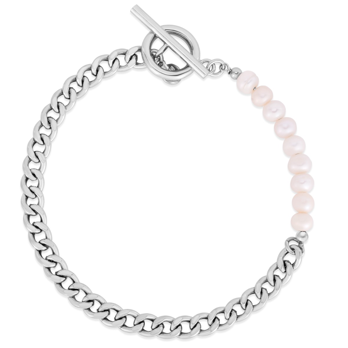 Silver Pearl Curb Toggle Bracelet