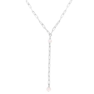 Silver Pearl Paperclip Lariat Necklace