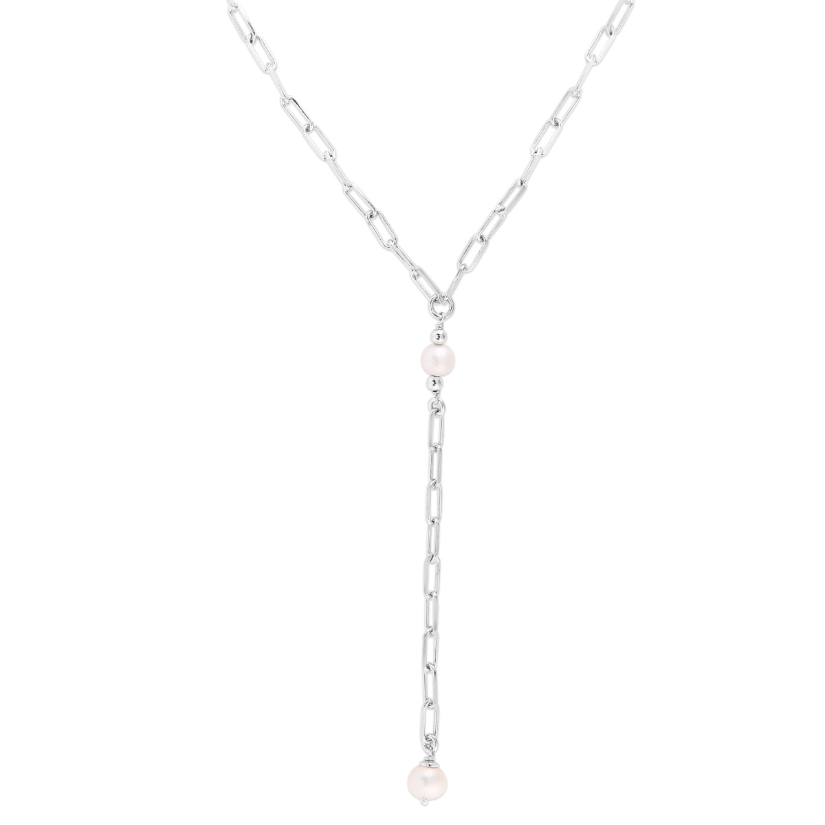 Silver Pearl Paperclip Lariat Necklace