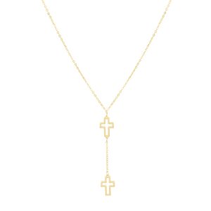 14K Double Cross Drop Necklace