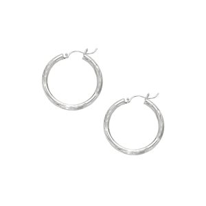 14K White Gold 3mm Diamond Cut & Polished Design Hoop Earring