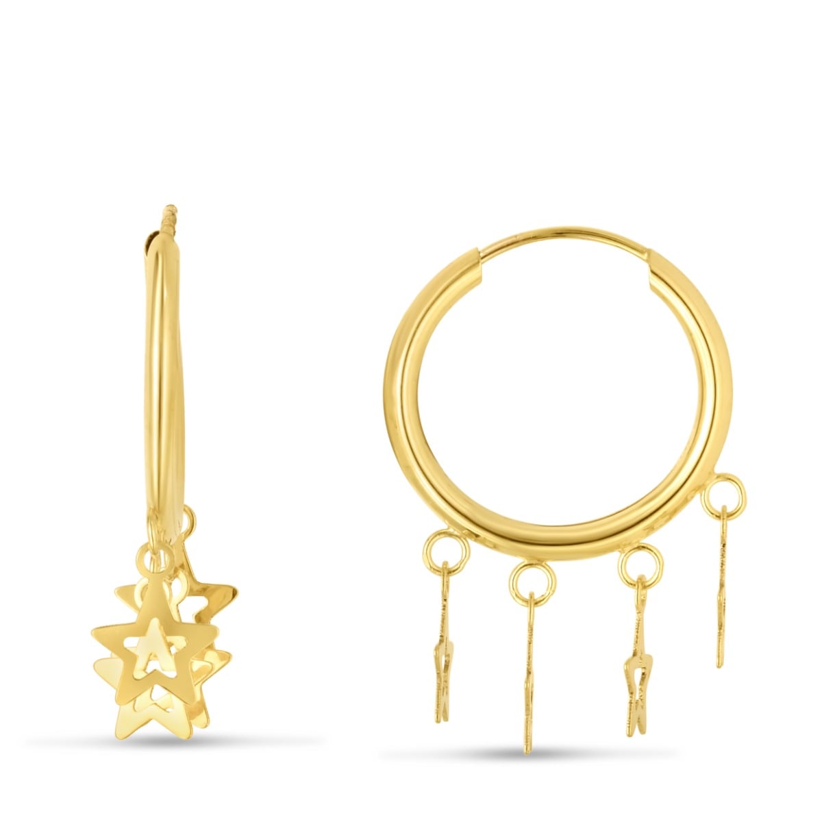 14K Gold Star Charm Hoops