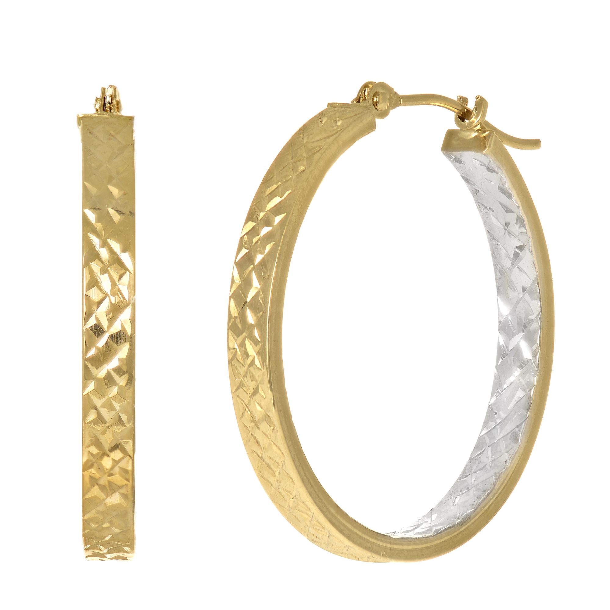 14K Yellow & White Gold Diamond Cut Hoop Earring