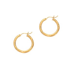 14K Yellow Gold 3mm Diamond Cut & Polished Design Hoop Earring