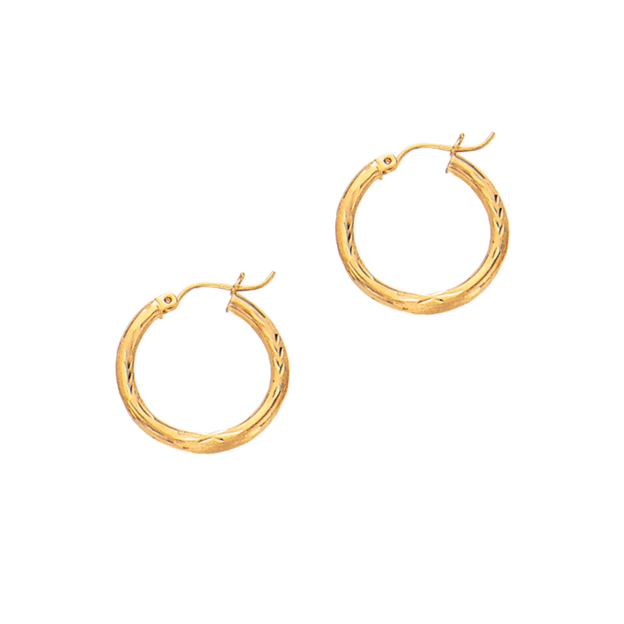 14K Yellow Gold 3mm Diamond Cut & Polished Design Hoop Earring