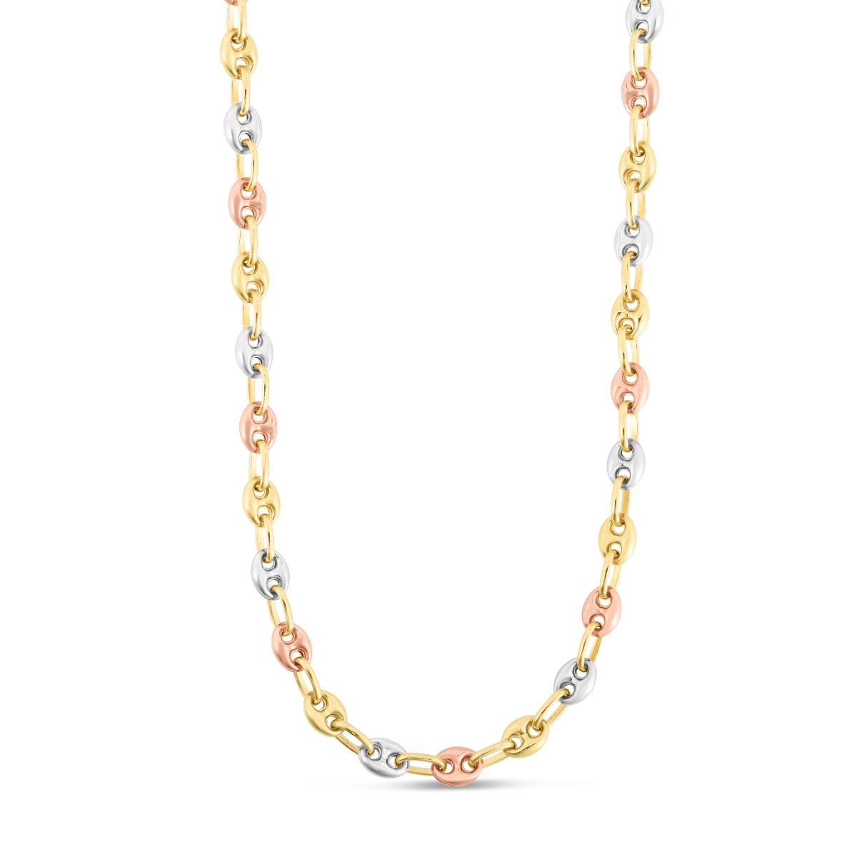 14K Tri-color Gold Puffed Mariner Link Necklace