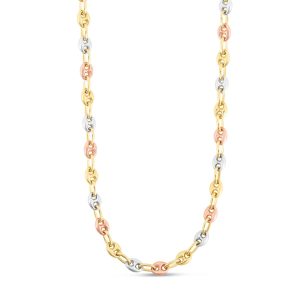 14K Tri-color Gold Puffed Mariner Link Necklace