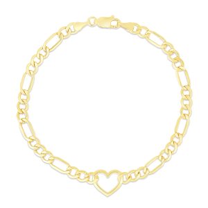 14K Heart Figaro Chain Bracelet
