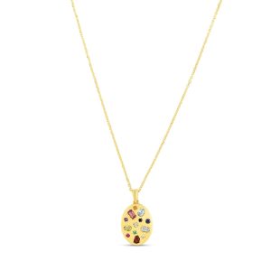 14K Gold Gemstone Inlay Oval Necklace