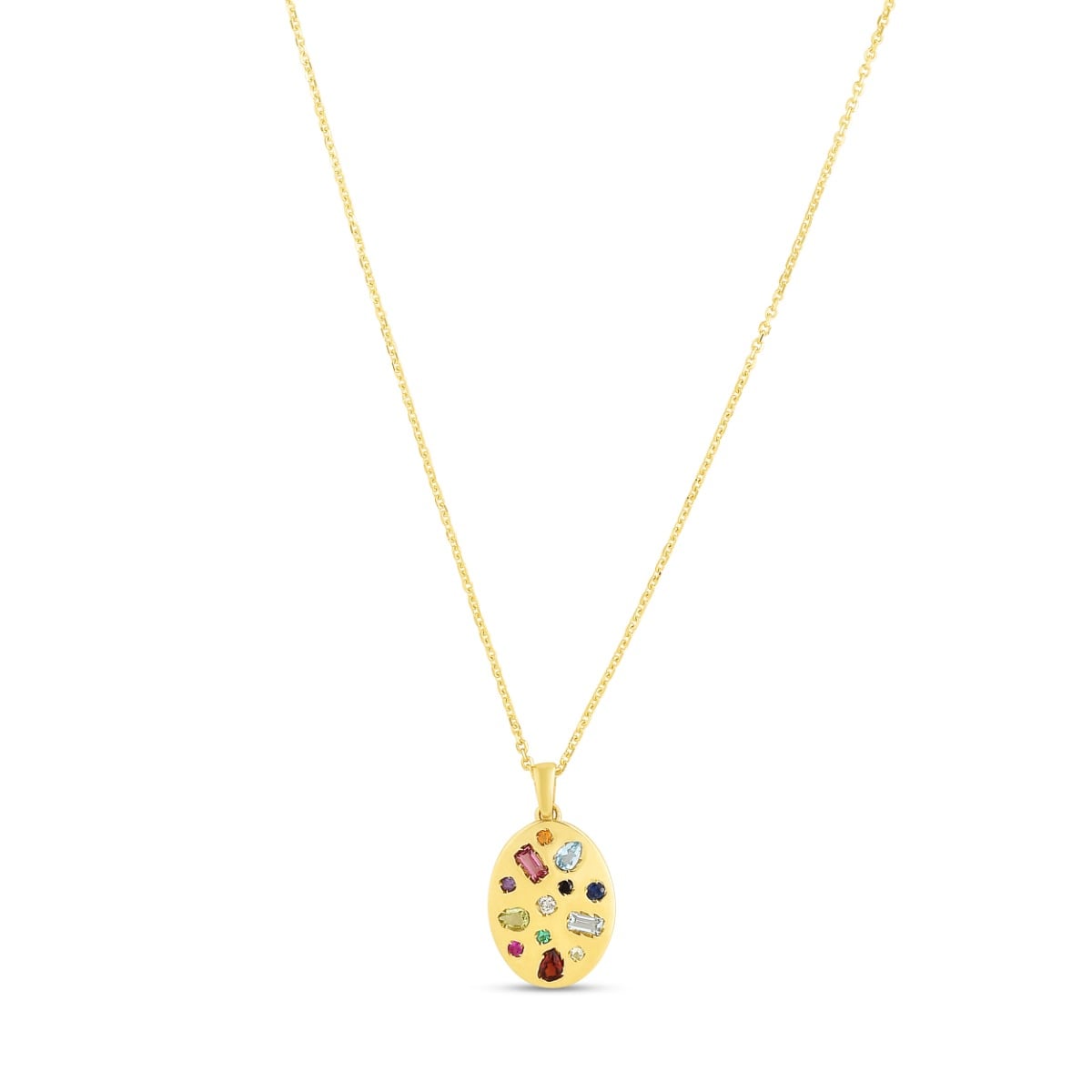 14K Gold Gemstone Inlay Oval Necklace