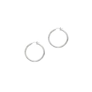 14K White Gold 3mm Diamond Cut & Polished Design Hoop Earring