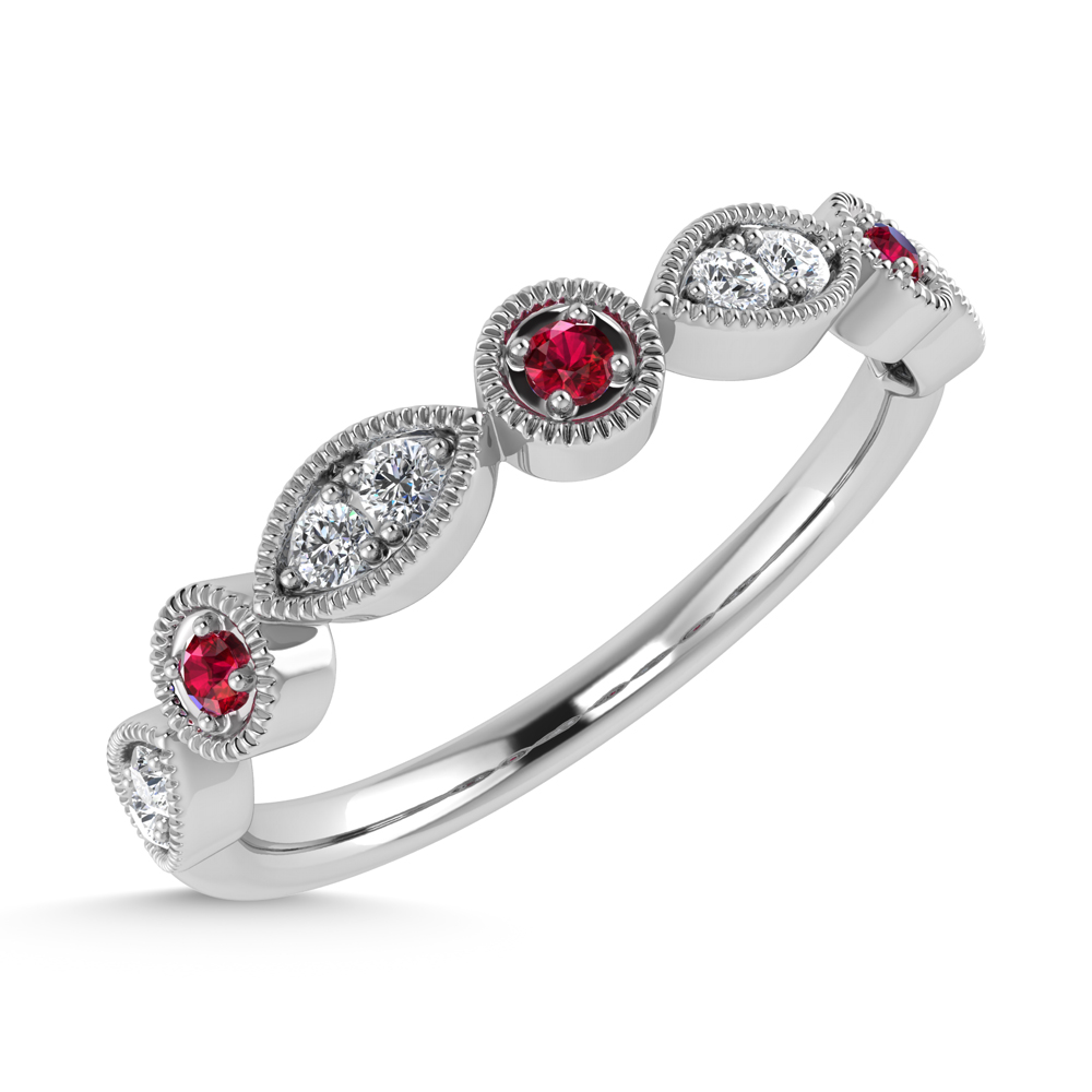Diamond 1/8 Ct.Tw. And Ruby Ring in 10K White Gold