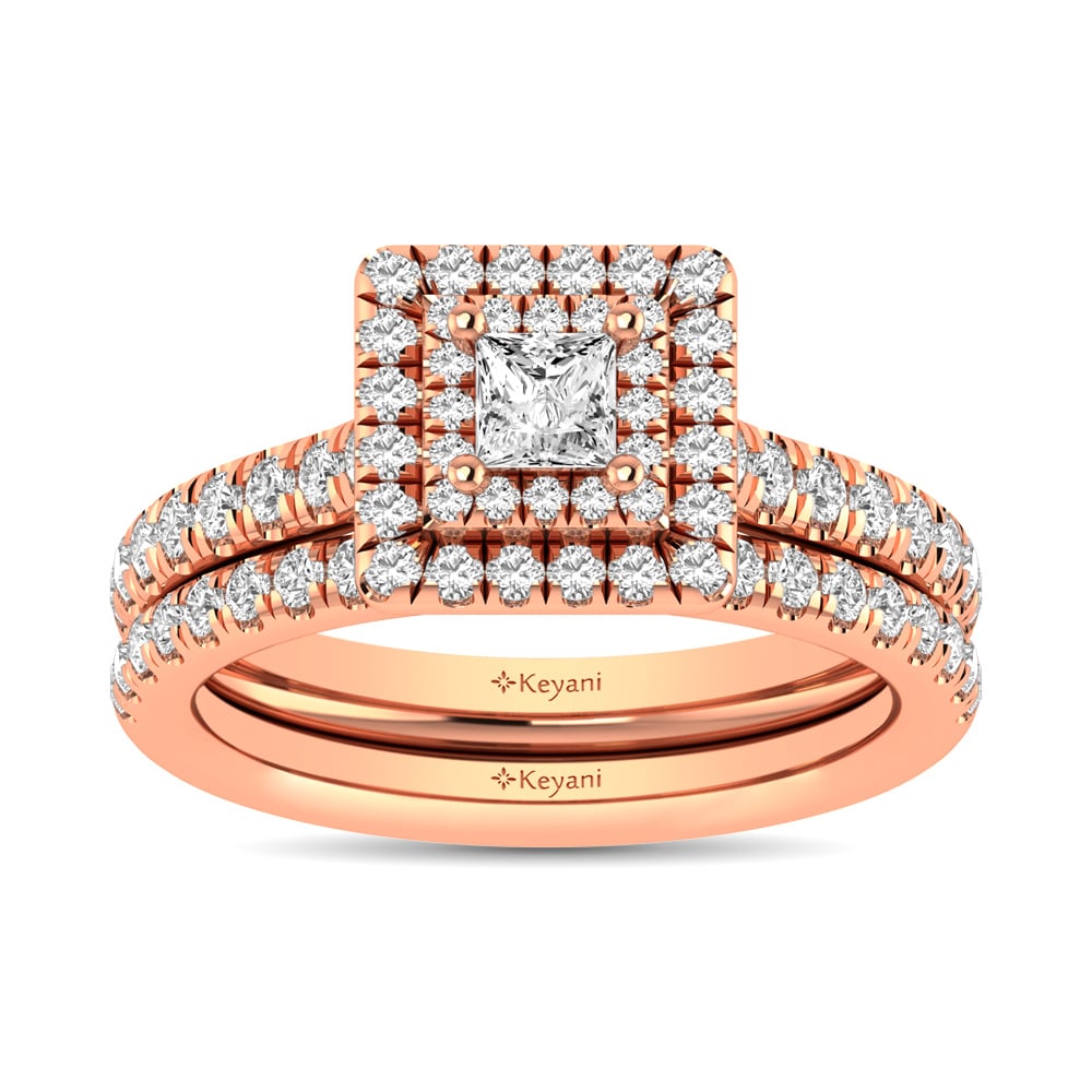 Diamond Classic Shank Double Halo Bridal Ring 1 Ct.tw Princess Cut in 14K Rose Gold