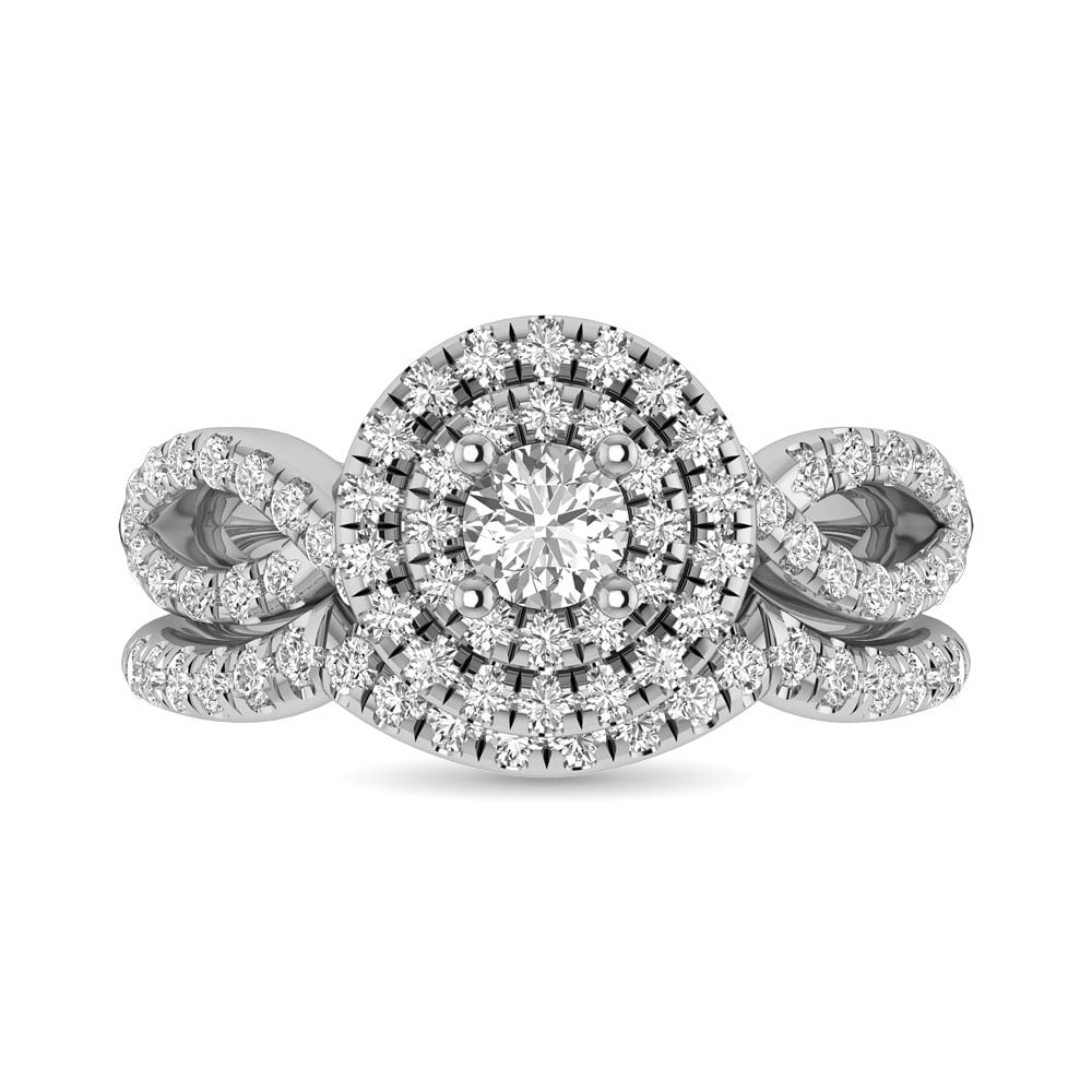 Diamond Twist Shank Double Halo Bridal Ring 3/4 Ct.tw Round Cut in 14K White Gold