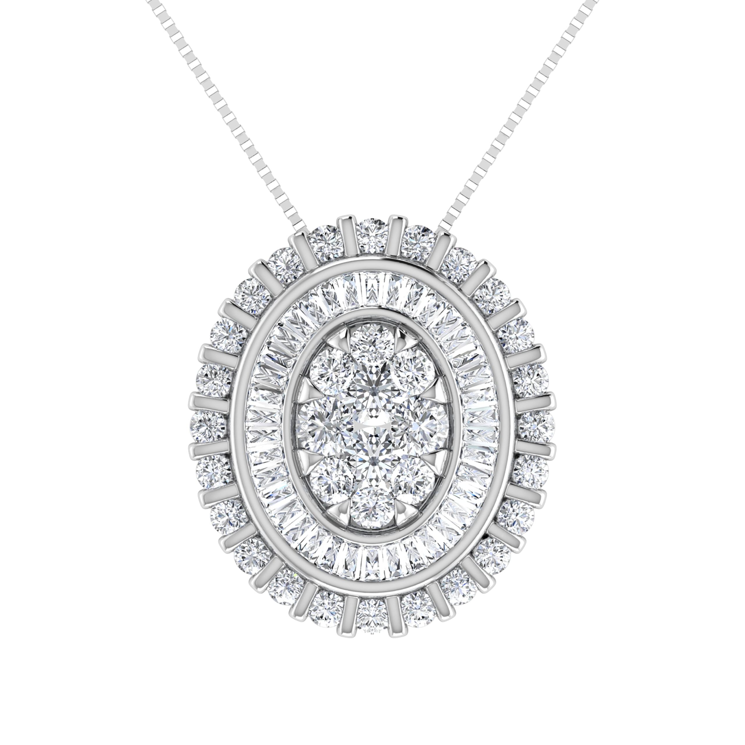 14K White Gold 3/4.Tw. Round and Tapper Diamond Invisible Oval Shape Pendant Pendant