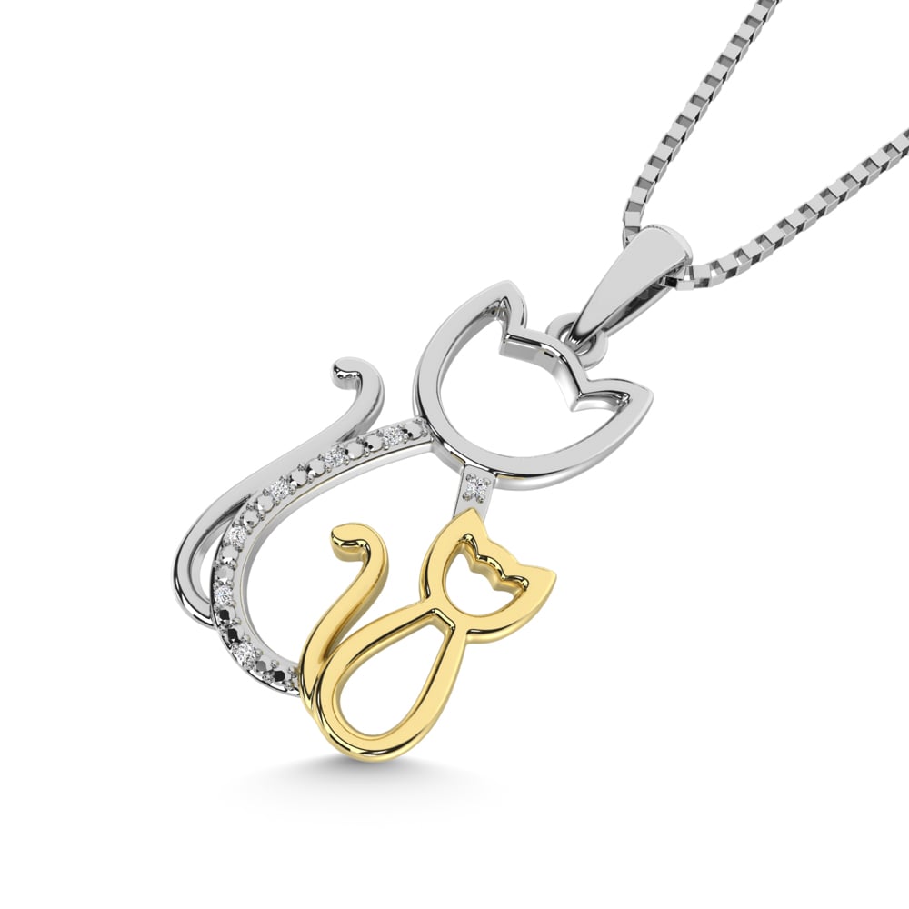 Diamond Accent Cat and Kitten Pendant in Sterling Silver and 10K Yellow Gold 1/50 cts