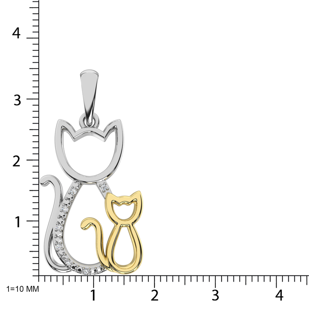 Diamond Accent Cat and Kitten Pendant in Sterling Silver and 10K Yellow Gold 1/50 cts