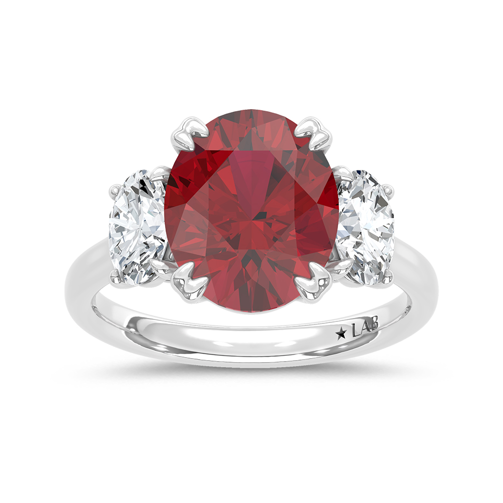 14K White Gold Lab Grown Diamond 6 Ct.Tw. Oval Shape Recrystalized Ruby Engagement Ring (Center 5 ct)