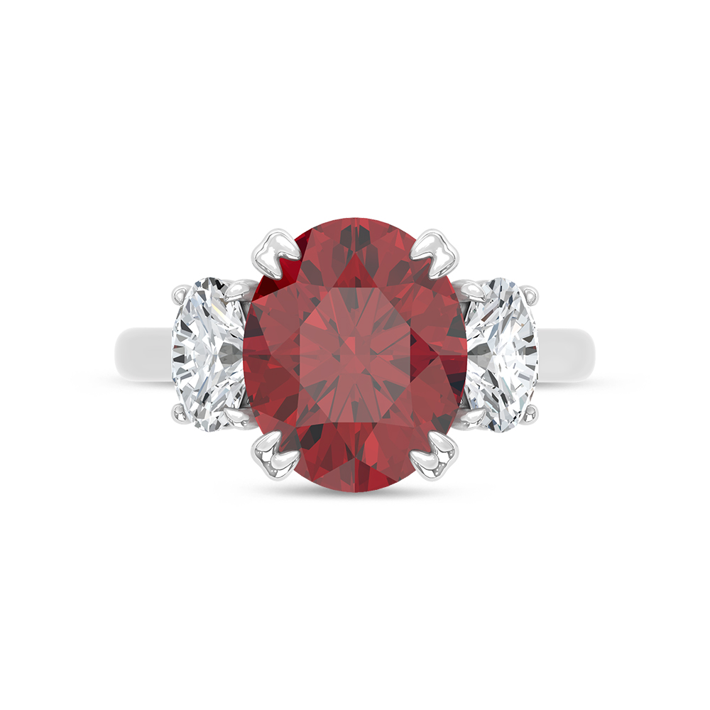 14K White Gold Lab Grown Diamond 6 Ct.Tw. Oval Shape Recrystalized Ruby Engagement Ring (Center 5 ct)