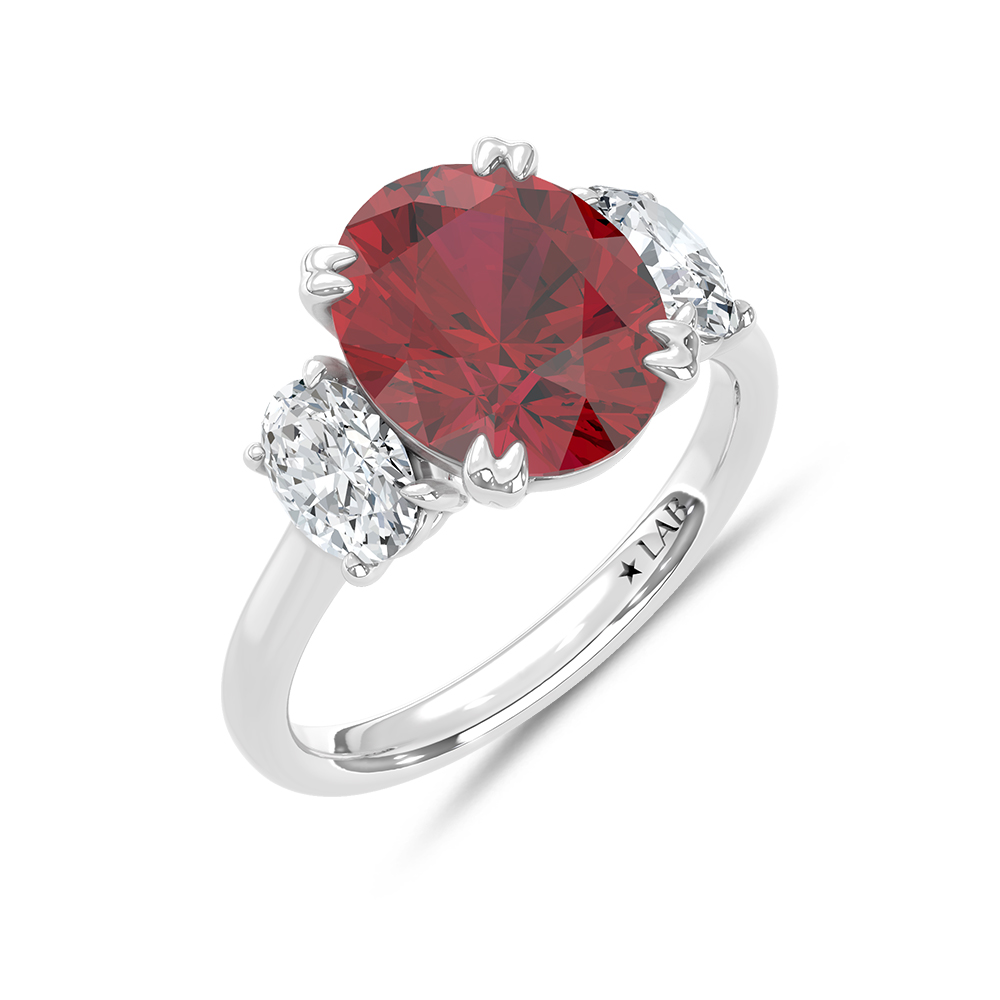 14K White Gold Lab Grown Diamond 6 Ct.Tw. Oval Shape Recrystalized Ruby Engagement Ring (Center 5 ct)