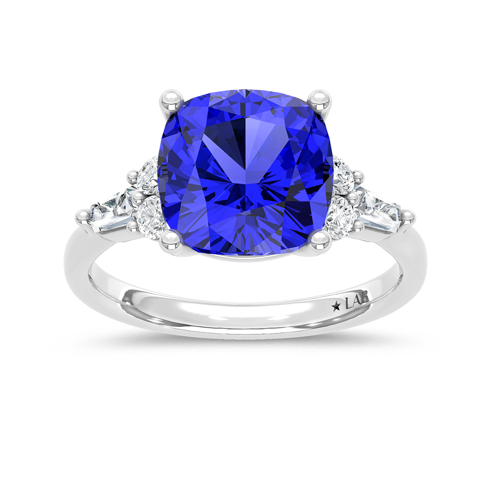 14K White Gold Lab Grown Diamond 4 7/8 Ct.Tw. Cushion Shape Recrystalized Blue Sapphire Engagement Ring (Center 4 1/2 ct)