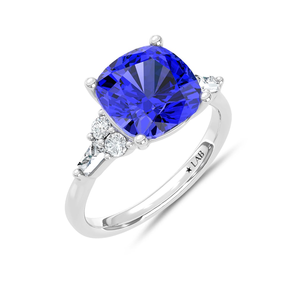 14K White Gold Lab Grown Diamond 4 7/8 Ct.Tw. Cushion Shape Recrystalized Blue Sapphire Engagement Ring (Center 4 1/2 ct)