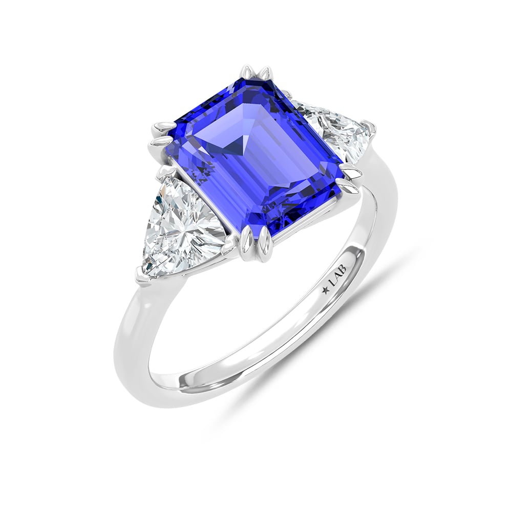 14K White Gold Lab Grown Diamond 5 7/8 Ct.Tw. Emerald Shape Recrystalized Blue sapphire Engagement Ring (Center 4 1/2 ct)
