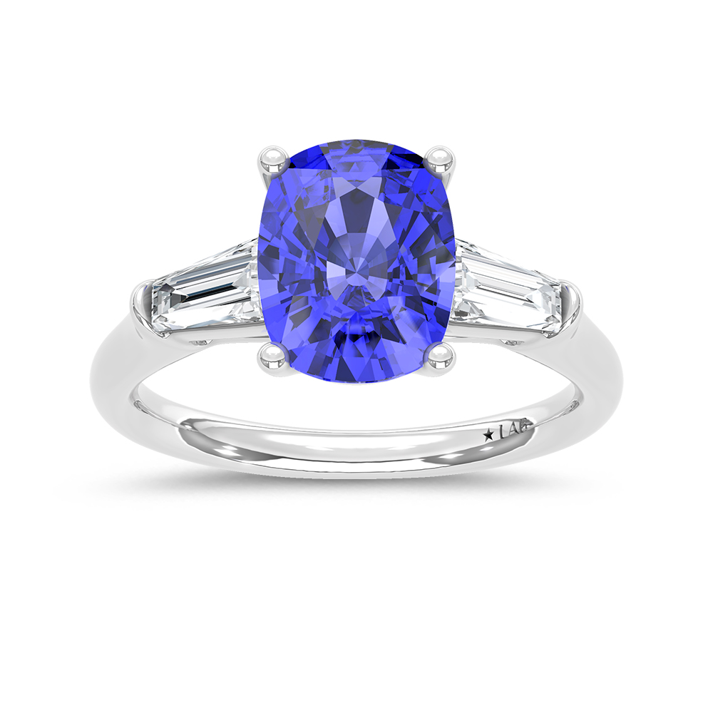 14K White Gold Lab Grown Diamond 3 3/4 Ct.Tw. Cushion Shape Recrystalized Blue Sapphire Engagement Ring (Center 3 ct)