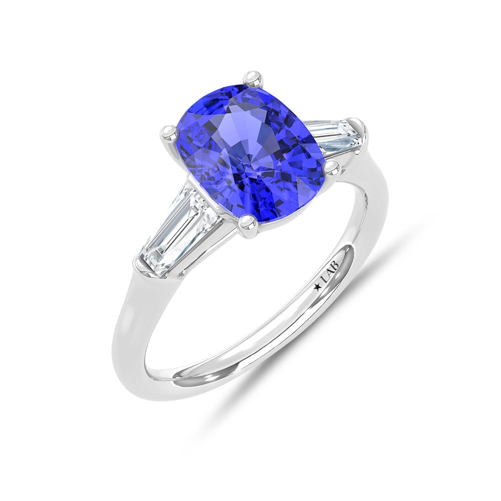 14K White Gold Lab Grown Diamond 3 3/4 Ct.Tw. Cushion Shape Recrystalized Blue Sapphire Engagement Ring (Center 3 ct)