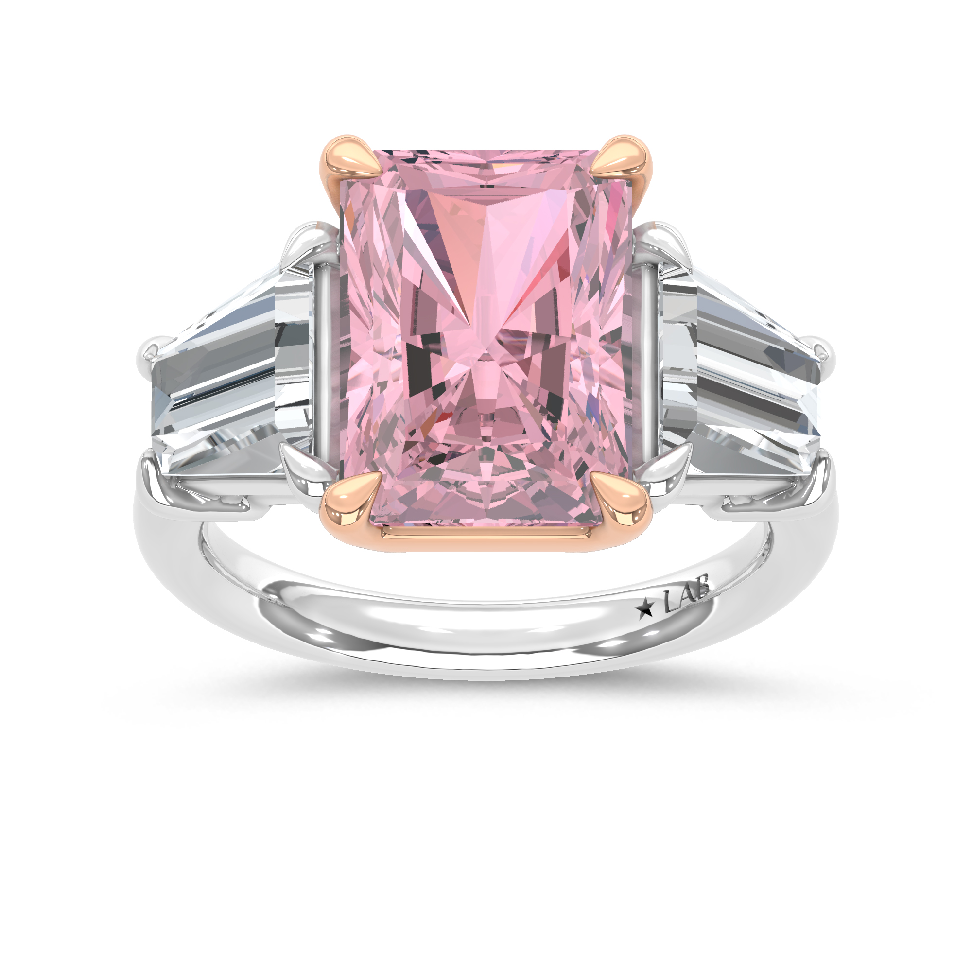 14K Two Tone Lab Grown Diamond 7 Ct.Tw. Pink Radiant Engagement Ring (Center 5ct)