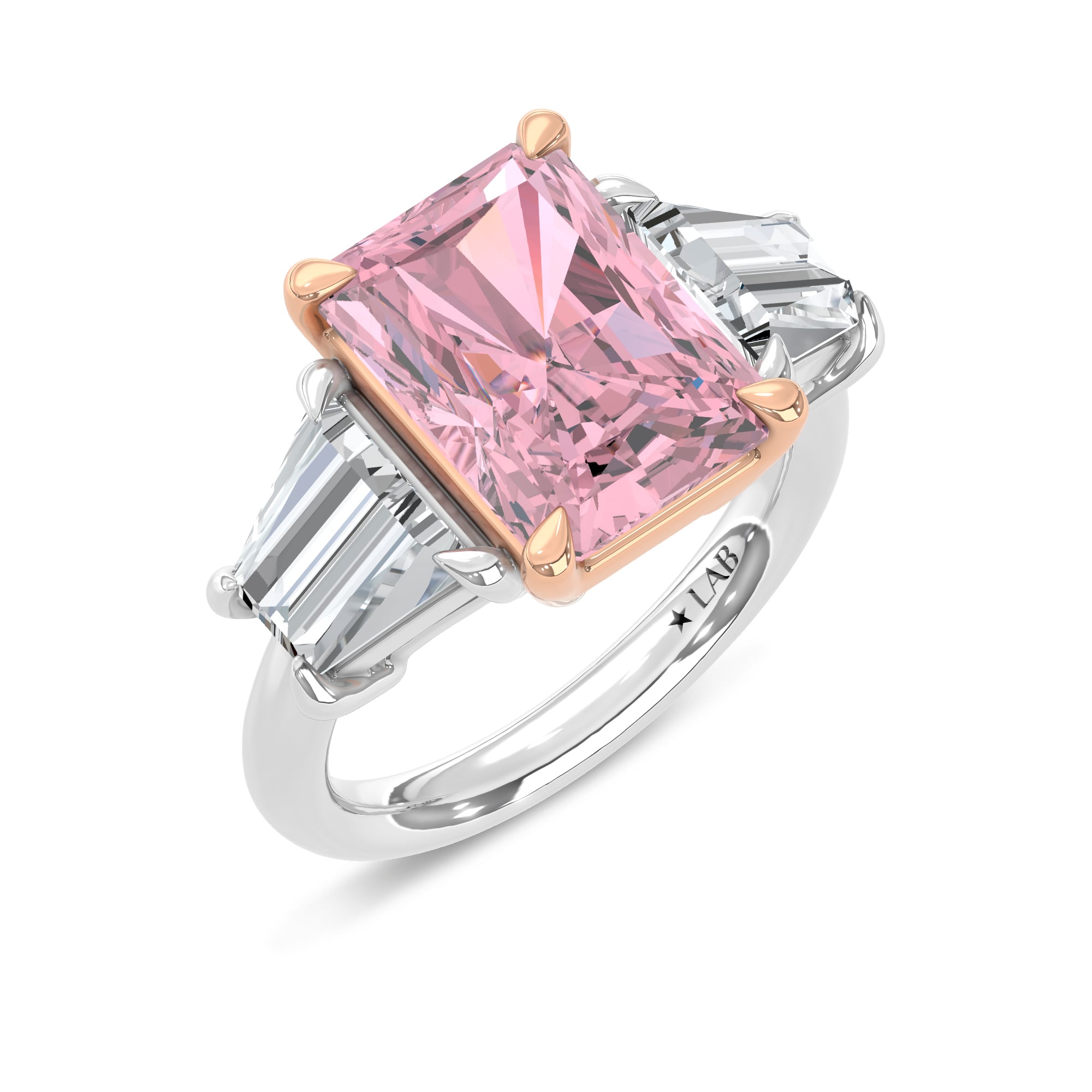 14K Two Tone Lab Grown Diamond 7 Ct.Tw. Pink Radiant Engagement Ring (Center 5ct)