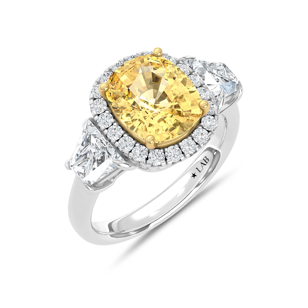 14K Two Tone Gold Lab Grown Diamond 6 Ct.Tw. Yellow Cushion Engagement Ring (Center 4ct)
