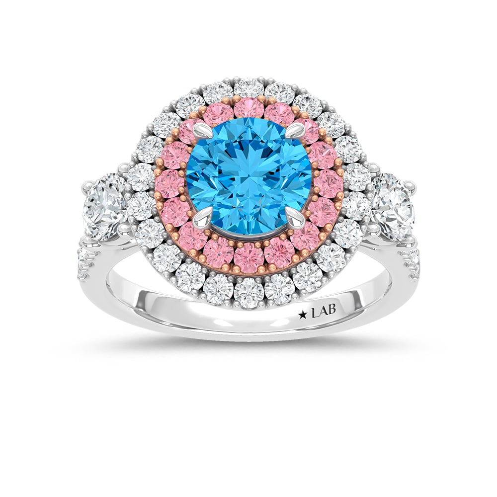 14K Two Tone Lab Grown Diamond 3 1/10 Ct.Tw. Blue Round Engagement Ring (Center 1 5/8ct)