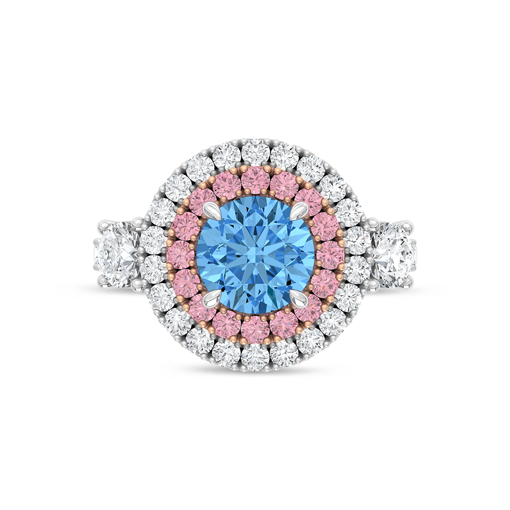 14K Two Tone Lab Grown Diamond 3 1/10 Ct.Tw. Blue Round Engagement Ring (Center 1 5/8ct)