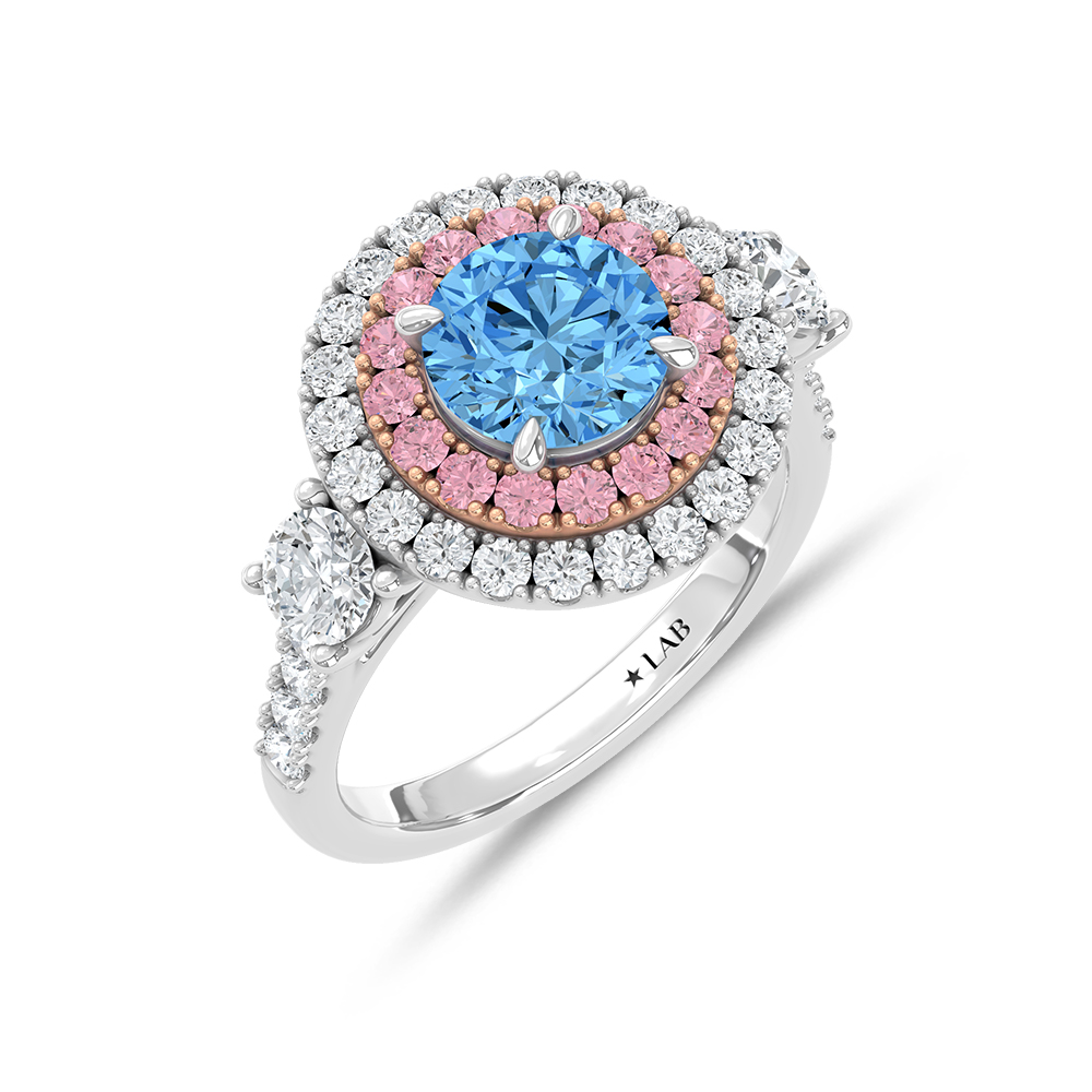 14K Two Tone Lab Grown Diamond 3 1/10 Ct.Tw. Blue Round Engagement Ring (Center 1 5/8ct)
