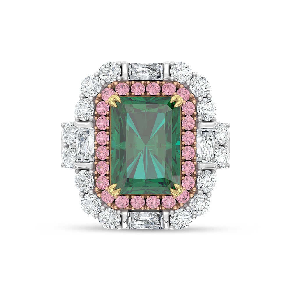 14K Three Tone Lab Grown Diamond 7 1/2 Ct.Tw. Green Emerlad Engagement Ring (Center 5 ct)