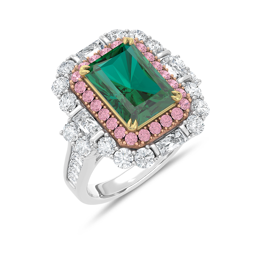 14K Three Tone Lab Grown Diamond 7 1/2 Ct.Tw. Green Emerlad Engagement Ring (Center 5 ct)