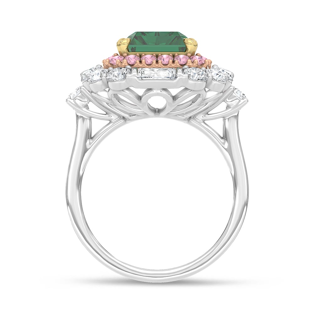 14K Three Tone Lab Grown Diamond 7 1/2 Ct.Tw. Green Emerlad Engagement Ring (Center 5 ct)