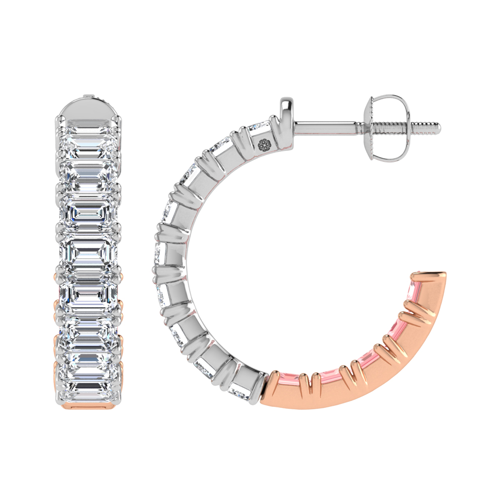 14K Two Tone Lab Grown 5 5/8 Ct.Tw. Outside White and Inside Pink Emerald Hoop Earrings