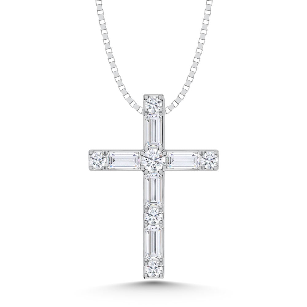 10K White Gold Lab Grown Diamond 1/4 Ct.Tw. Round and Baguette Cross Pendant With Chain