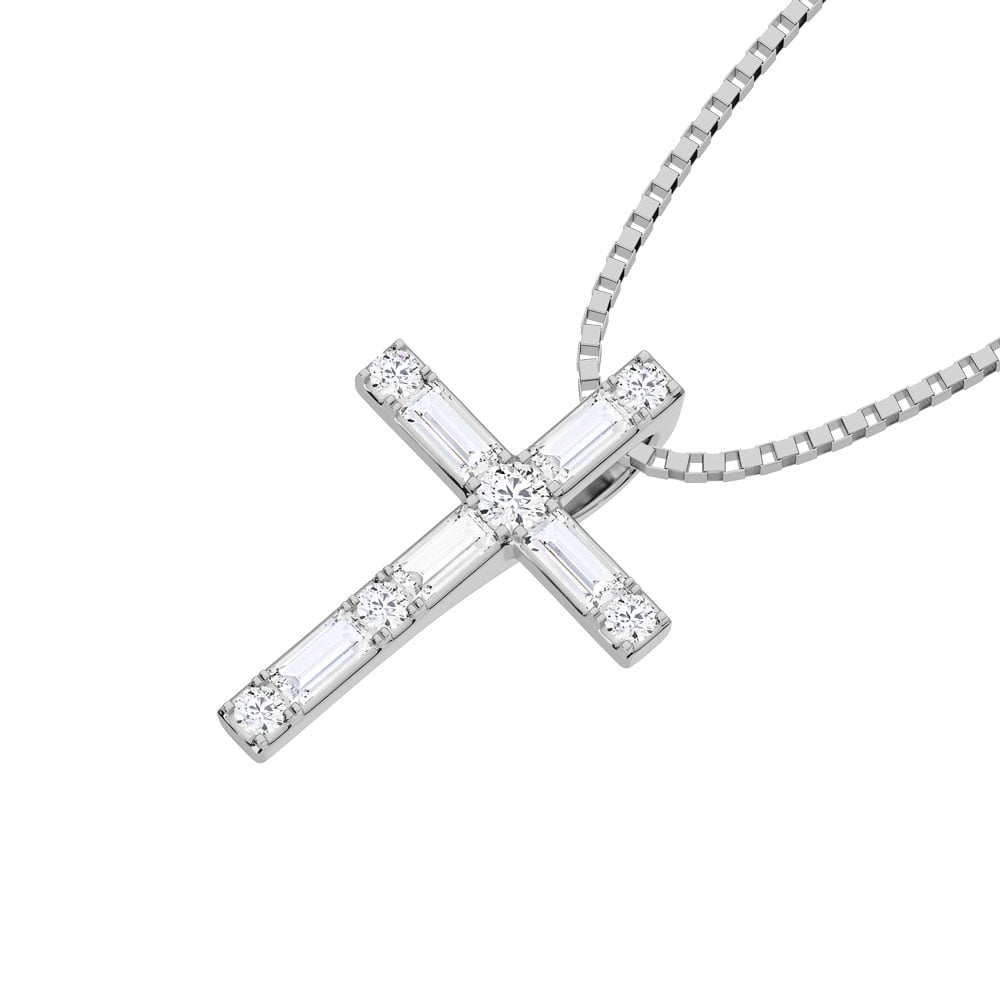 10K White Gold Lab Grown Diamond 1/4 Ct.Tw. Round and Baguette Cross Pendant With Chain