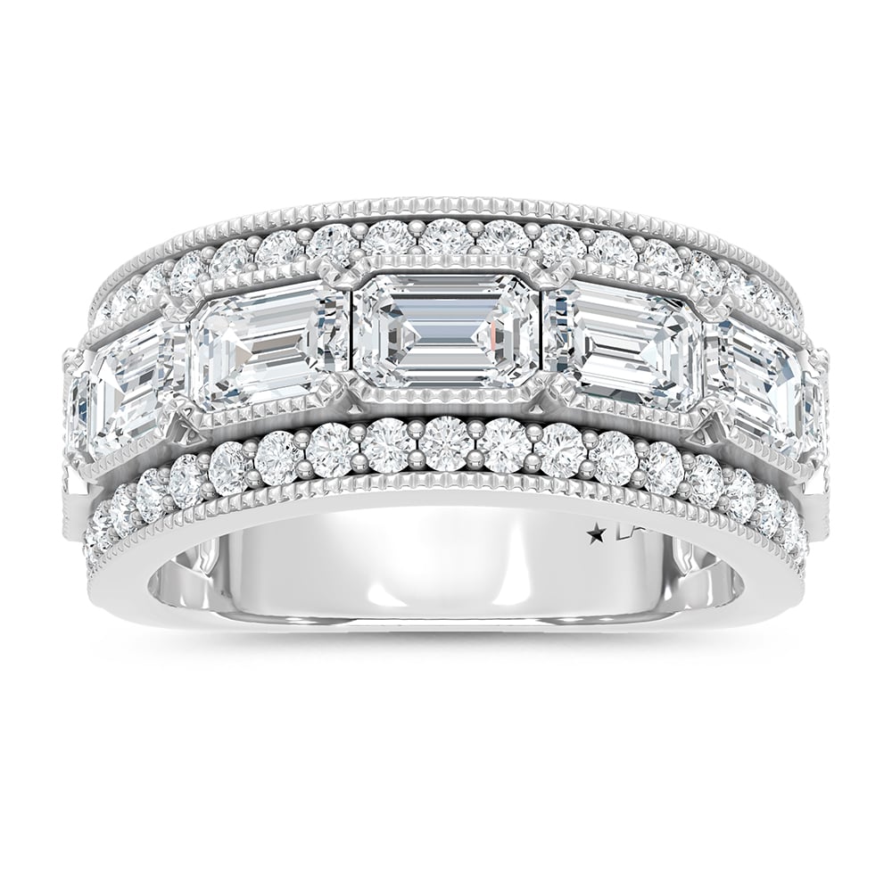 14K White Gold Lab Grown Diamond 4 Ct.Tw. Emerald and Round Fashion Band