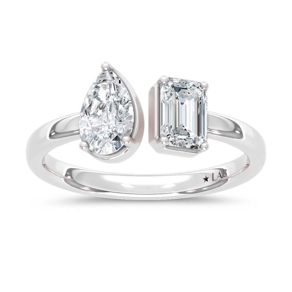 14K White Gold Lab Grown Diamond 1 Ct.Tw. Emerald and Pear Shape Two Stone Ring